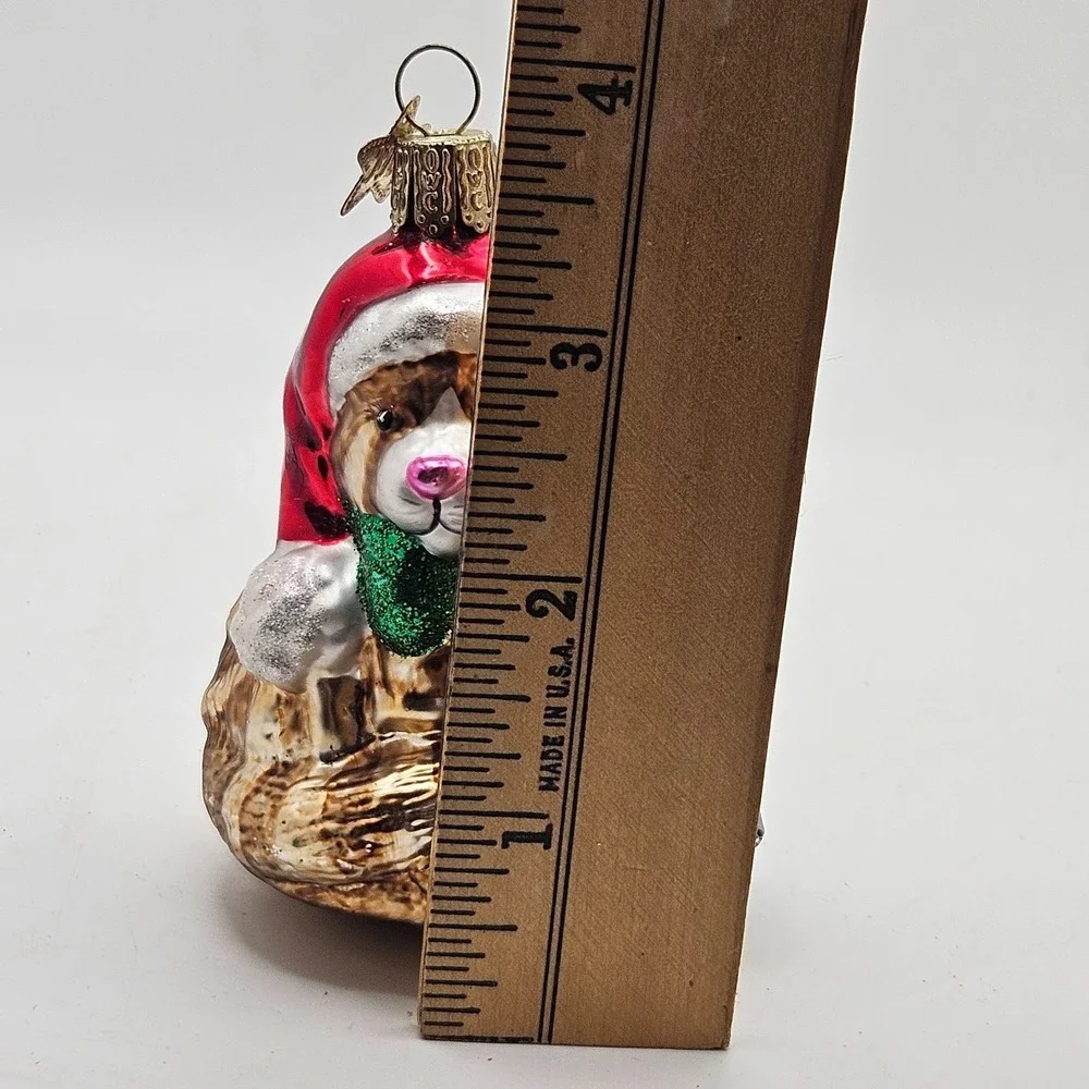 Vintage OWC Glass Cat‎ & Mouse Christmas Ornament Santa Hat